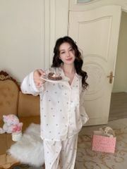 Pyjama lụa dài tay phối ren nhiều họa tiết Shury Store Home Wear TD85 Size M L XL mặc siêu mát mềm