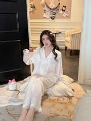 Pyjama lụa dài tay phối ren nhiều họa tiết Shury Store Home Wear TD85 Size M L XL mặc siêu mát mềm