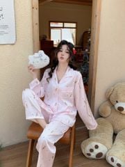 Pyjama lụa dài tay phối ren nhiều họa tiết Shury Store Home Wear TD85 Size M L XL mặc siêu mát mềm