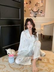 Pyjama lụa dài tay phối ren nhiều họa tiết Shury Store Home Wear TD85 Size M L XL mặc siêu mát mềm