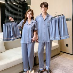 Đồ ngủ pyjama nam nữ Shury Store Home Wear CND19 size 45-95kg màu xanh tay ngắn quần dài bộ đôi couple chất lụa băng mềm