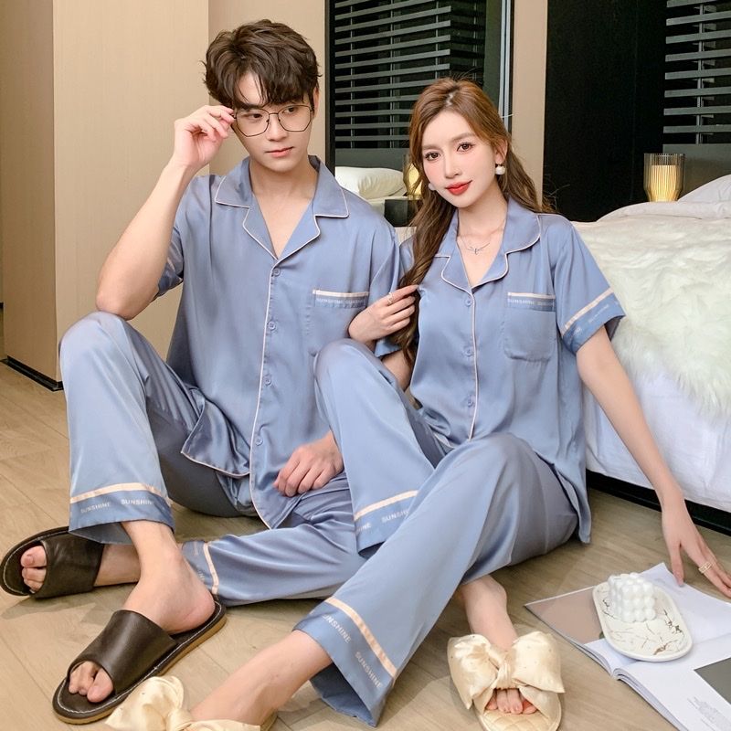 Đồ ngủ pyjama nam nữ Shury Store Home Wear CND19 size 45-95kg màu xanh tay ngắn quần dài bộ đôi couple chất lụa băng mềm