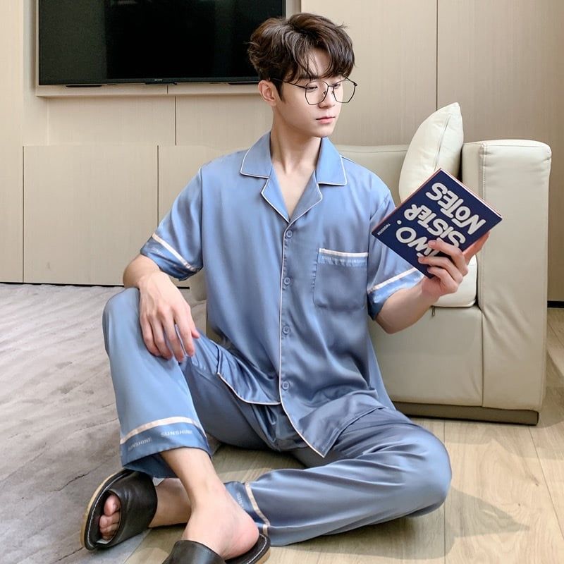 Đồ ngủ pyjama nam nữ Shury Store Home Wear CND19 size 45-95kg màu xanh tay ngắn quần dài bộ đôi couple chất lụa băng mềm