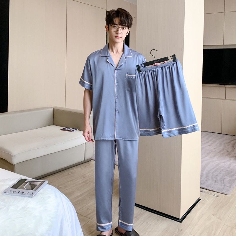 Đồ ngủ pyjama nam nữ Shury Store Home Wear CND19 size 45-95kg màu xanh tay ngắn quần dài bộ đôi couple chất lụa băng mềm