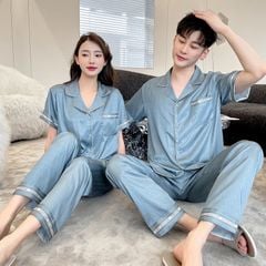 Đồ ngủ pyjama nam nữ Shury Store Home Wear CND21 size 45-95kg màu xanh tay ngắn quần dài bộ đôi couple chất lụa xước mềm