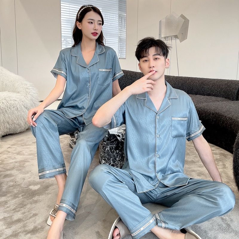 Đồ ngủ pyjama nam nữ Shury Store Home Wear CND21 size 45-95kg màu xanh tay ngắn quần dài bộ đôi couple chất lụa xước mềm
