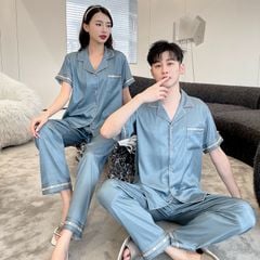 Đồ ngủ pyjama nam nữ Shury Store Home Wear CND21 size 45-95kg màu xanh tay ngắn quần dài bộ đôi couple chất lụa xước mềm