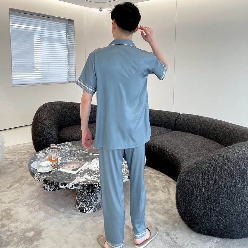 Đồ ngủ pyjama nam nữ Shury Store Home Wear CND21 size 45-95kg màu xanh tay ngắn quần dài bộ đôi couple chất lụa xước mềm
