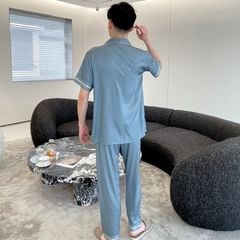 Đồ ngủ pyjama nam nữ Shury Store Home Wear CND21 size 45-95kg màu xanh tay ngắn quần dài bộ đôi couple chất lụa xước mềm