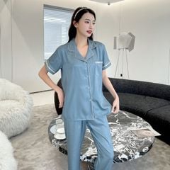 Đồ ngủ pyjama nam nữ Shury Store Home Wear CND21 size 45-95kg màu xanh tay ngắn quần dài bộ đôi couple chất lụa xước mềm