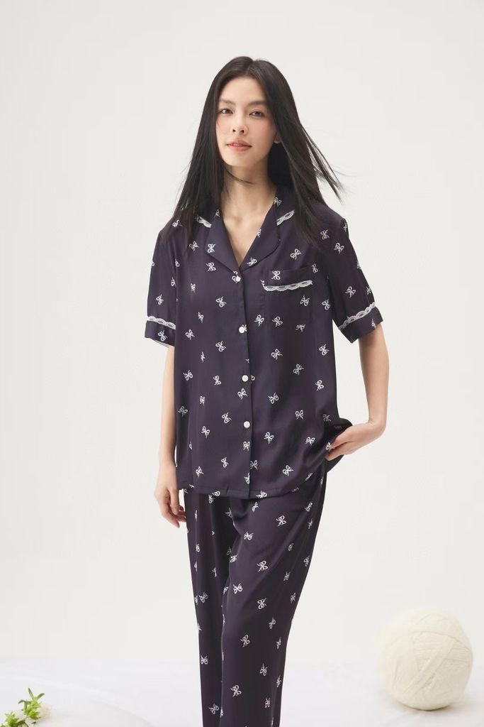 Bộ đồ ngủ lụa ngắn tay in nơ TN25 Shury Store Home Wear Pijama nữ dễ thương mát lạnh size M L XL