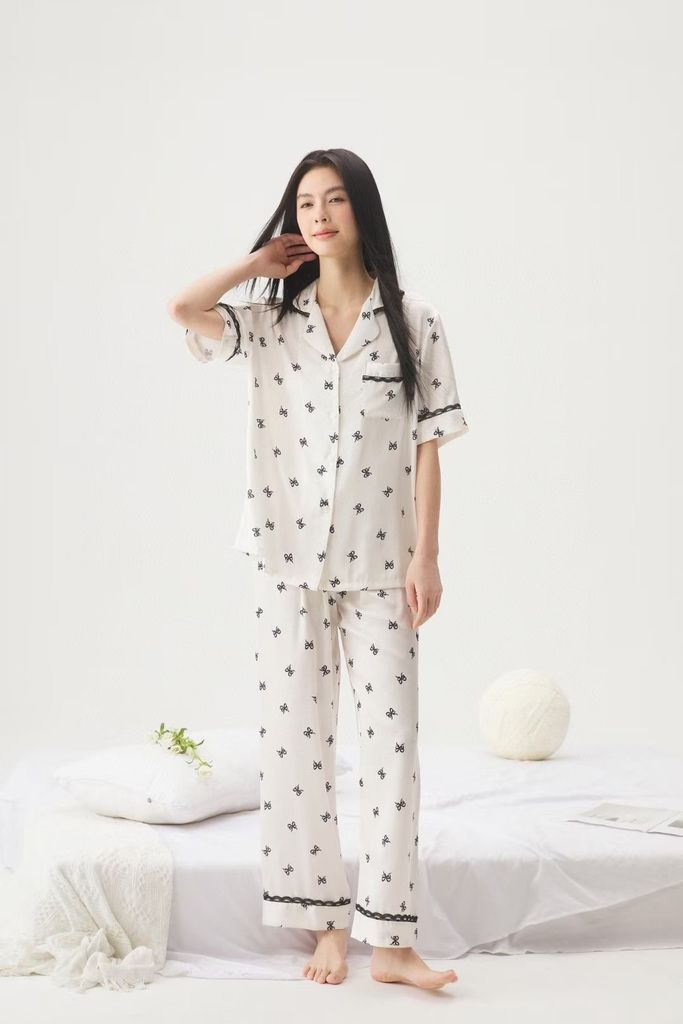 Bộ đồ ngủ lụa ngắn tay in nơ TN25 Shury Store Home Wear Pijama nữ dễ thương mát lạnh size M L XL