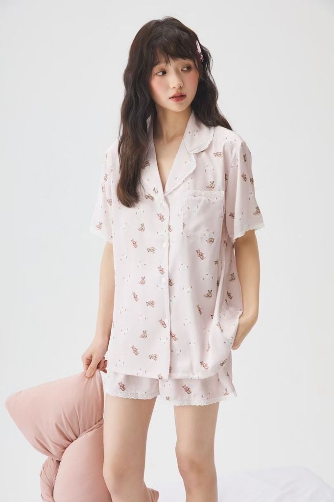 NT1 SHURY STORE HOME WEAR - Bộ pyjama lụa tay ngắn quần ngắn hoạt tiết dễ thương size M L XL mặc nhà
