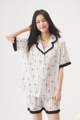 Bộ pijama lụa ngắn tay kèm quần short TN40 Shury Store Home Wear Pyjama nữ hoạ tiết nơ dễ thương