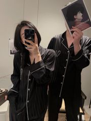 Bộ Pyjama Lụa Đen Kẻ Sọc DD25 Shury Store Home Wear Bộ Đôi Nam Nữ Sang Trọng, Mềm Mịn, Mát Lạnh