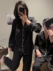 Bộ Pyjama Lụa Đen Kẻ Sọc DD25 Shury Store Home Wear Bộ Đôi Nam Nữ Sang Trọng, Mềm Mịn, Mát Lạnh