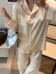 Bộ Pyjama Lụa Kem Hoa Văn TD02 Shury Store Home Wear Đính Cườm Sang Trọng, Mềm Mịn Size M L XL