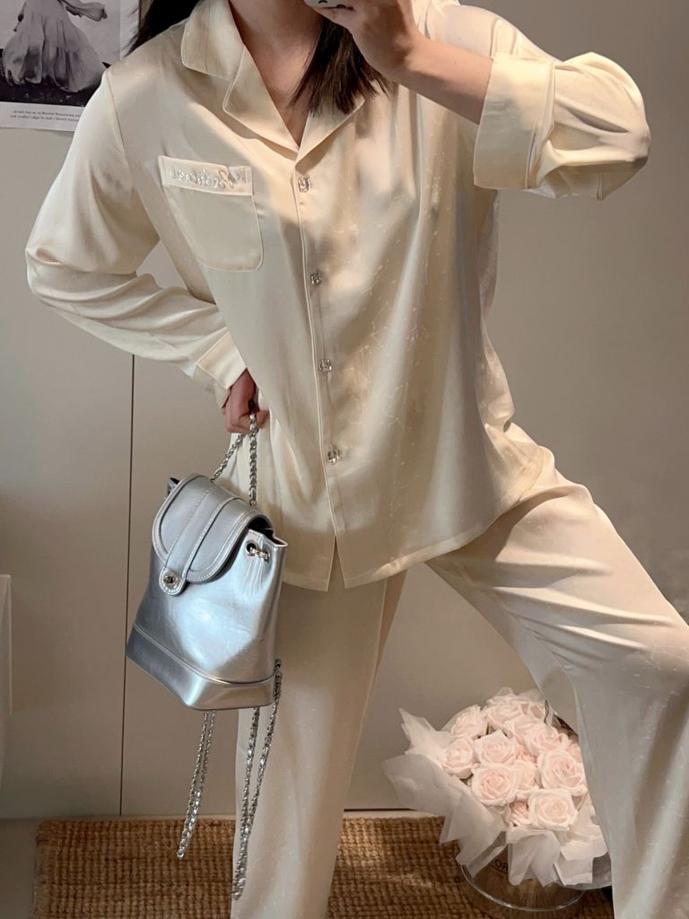 Bộ Pyjama Lụa Kem Hoa Văn TD02 Shury Store Home Wear Đính Cườm Sang Trọng, Mềm Mịn Size M L XL