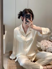 Bộ Pyjama Lụa Kem Hoa Văn TD02 Shury Store Home Wear Đính Cườm Sang Trọng, Mềm Mịn Size M L XL