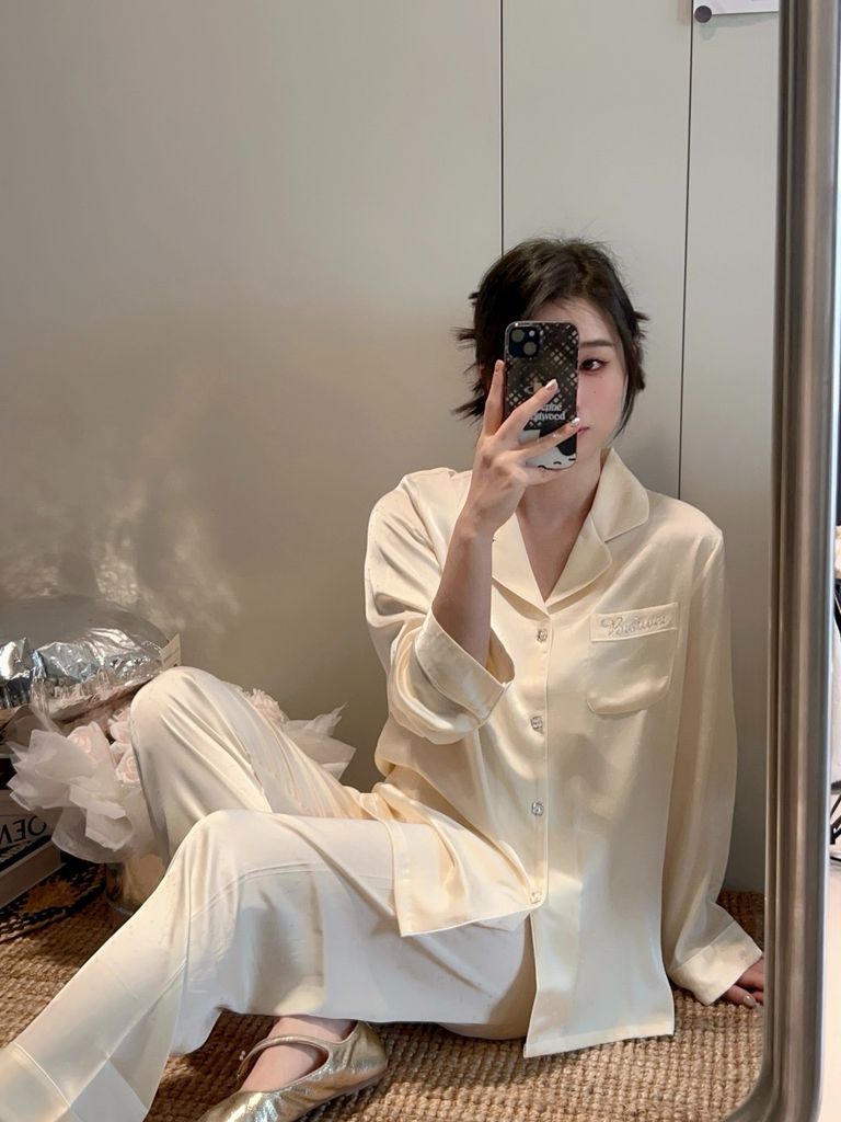 Bộ Pyjama Lụa Kem Hoa Văn TD02 Shury Store Home Wear Đính Cườm Sang Trọng, Mềm Mịn Size M L XL