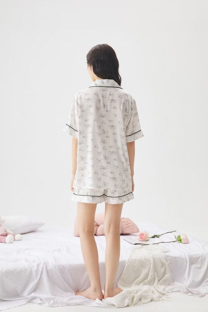 Pyjama nữ hoạ tiết mèo dễ thương NT24 Shury Store Home Wear Đồ ngủ mặc nhà lụa mềm mát size M L XL
