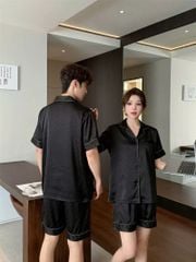 Bộ đồ ngủ lụa đen họa tiết chìm unisex Shury Store Home Wear nam nữ mặc đôi sang trọng CTN07
