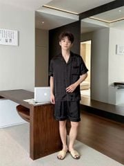 Bộ đồ ngủ lụa đen họa tiết chìm unisex Shury Store Home Wear nam nữ mặc đôi sang trọng CTN07