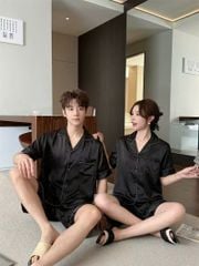 Bộ đồ ngủ lụa đen họa tiết chìm unisex Shury Store Home Wear nam nữ mặc đôi sang trọng CTN07