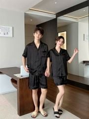 Bộ đồ ngủ lụa đen họa tiết chìm unisex Shury Store Home Wear nam nữ mặc đôi sang trọng CTN07