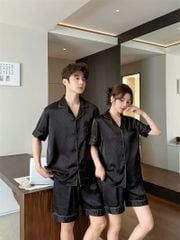 Bộ đồ ngủ lụa đen họa tiết chìm unisex Shury Store Home Wear nam nữ mặc đôi sang trọng CTN07