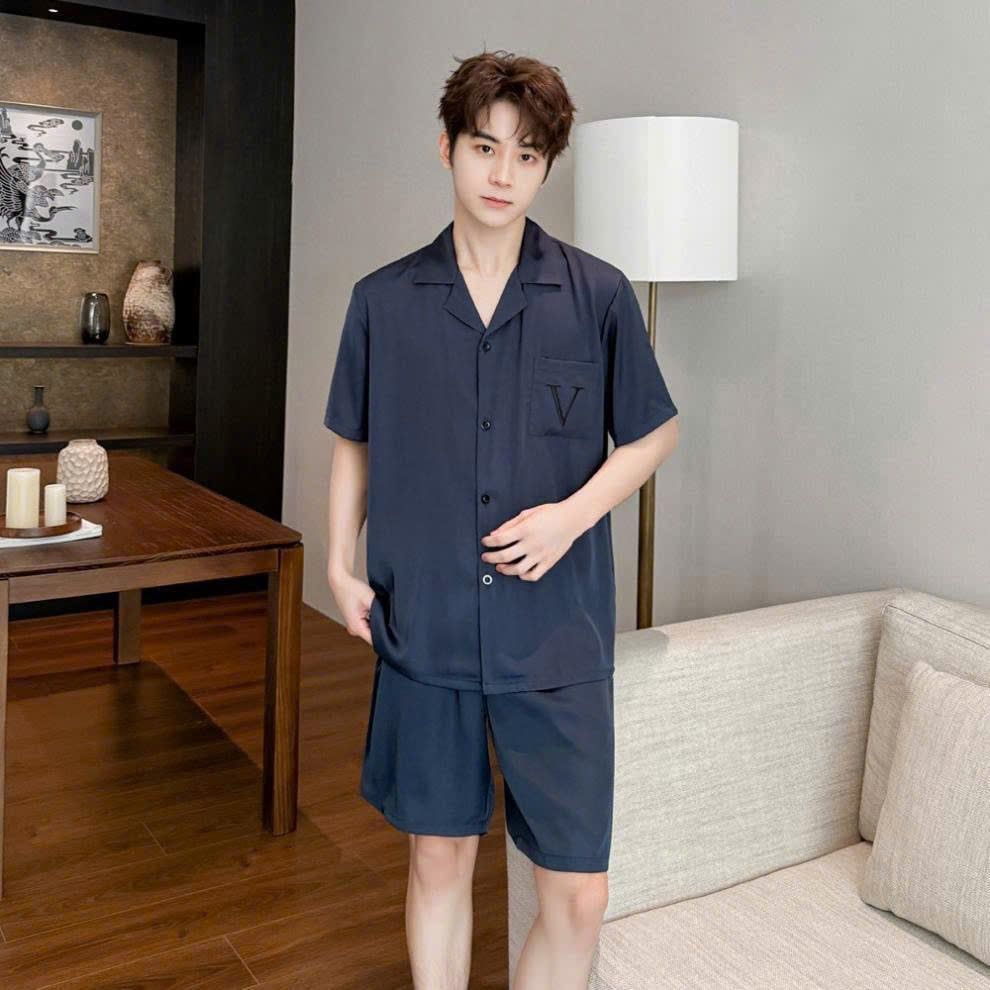 Bộ Pyjama Lụa Ngắn Navy CTN27 Shury Store Home Wear Đồ Ngủ Cặp Đôi Cao Cấp, Mềm Mịn, Thoáng Mát
