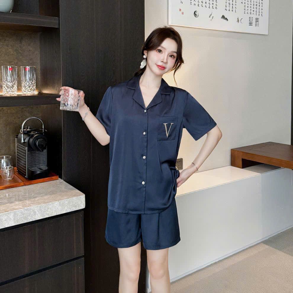 Bộ Pyjama Lụa Ngắn Navy CTN27 Shury Store Home Wear Đồ Ngủ Cặp Đôi Cao Cấp, Mềm Mịn, Thoáng Mát