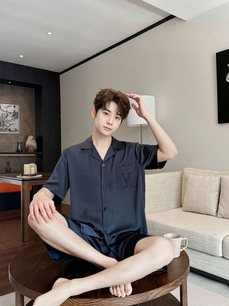 Bộ Pyjama Lụa Ngắn Navy CTN27 Shury Store Home Wear Đồ Ngủ Cặp Đôi Cao Cấp, Mềm Mịn, Thoáng Mát