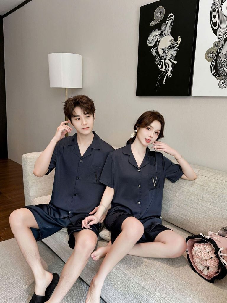 Bộ Pyjama Lụa Ngắn Navy CTN27 Shury Store Home Wear Đồ Ngủ Cặp Đôi Cao Cấp, Mềm Mịn, Thoáng Mát