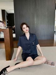 Bộ Pyjama Lụa Ngắn Navy CTN27 Shury Store Home Wear Đồ Ngủ Cặp Đôi Cao Cấp, Mềm Mịn, Thoáng Mát