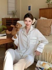 Pyjama Lụa Trắng TD06 Shury Store Home Wear Dài Tay, Thêu Viền, Sang Trọng, Size M L XL