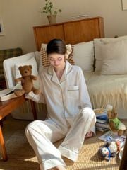 Pyjama Lụa Trắng TD06 Shury Store Home Wear Dài Tay, Thêu Viền, Sang Trọng, Size M L XL