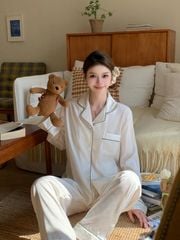 Pyjama Lụa Trắng TD06 Shury Store Home Wear Dài Tay, Thêu Viền, Sang Trọng, Size M L XL