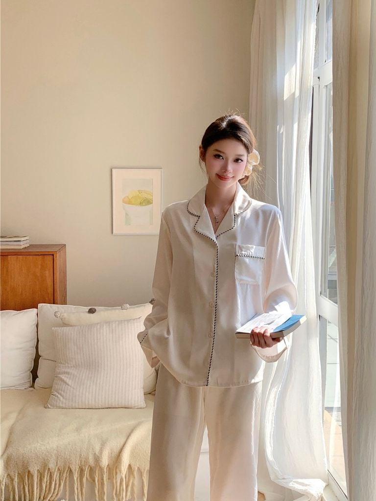 Pyjama Lụa Trắng TD06 Shury Store Home Wear Dài Tay, Thêu Viền, Sang Trọng, Size M L XL