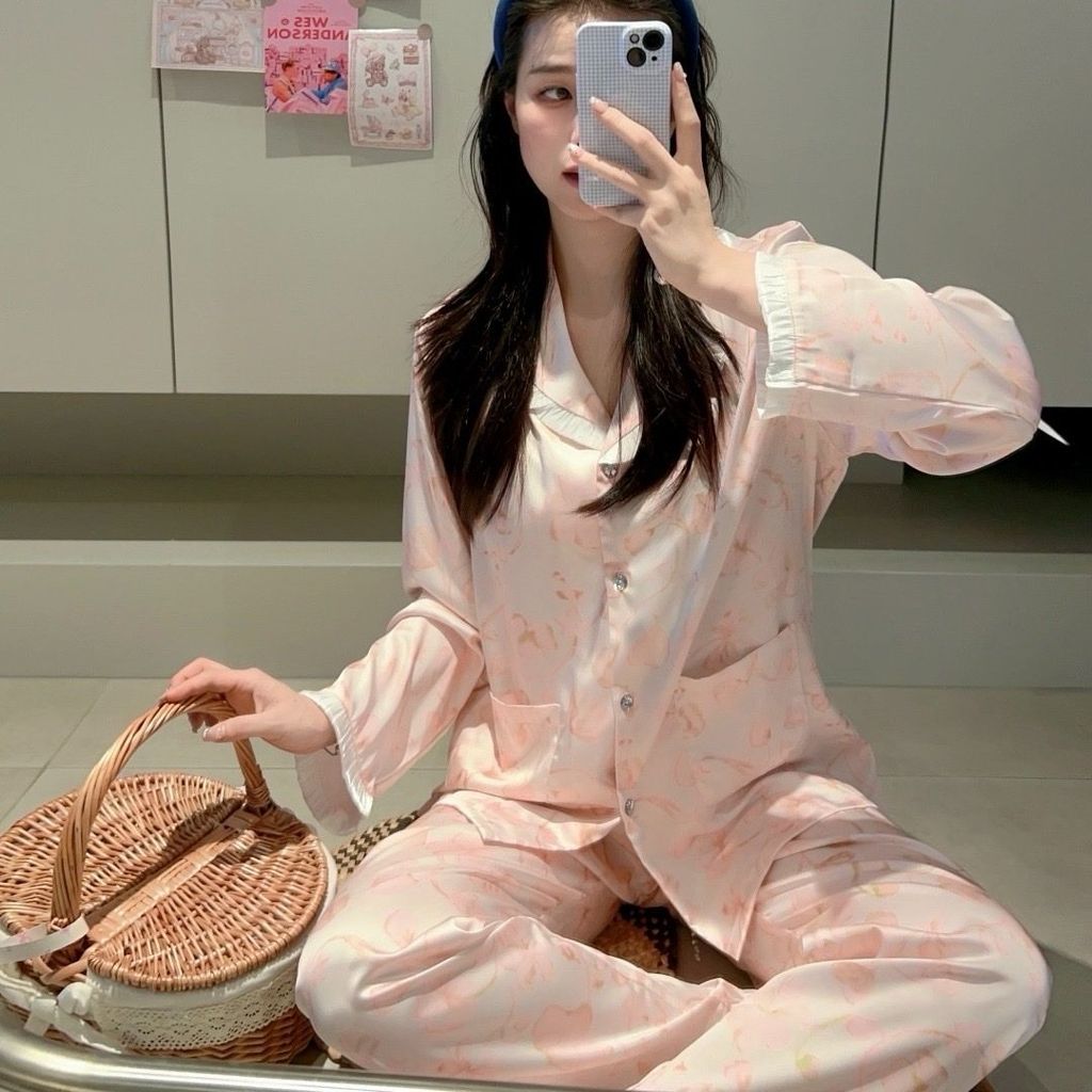 Đồ bộ ngủ nữ pyjama lụa băng trơn Shury Store Home Wear TD64 tay dài quần dài mặc nhà size 45-75kg