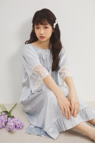 Váy ngủ sơmi lụa nữ Shury Store Home Wear SM38 freesize 45-75kg đầm ngủ dáng dài tay ren ngọt ngào