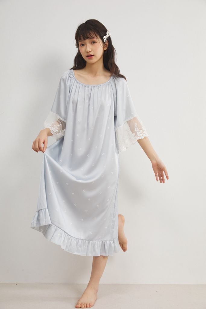 Váy ngủ sơmi lụa nữ Shury Store Home Wear SM38 freesize 45-75kg đầm ngủ dáng dài tay ren ngọt ngào