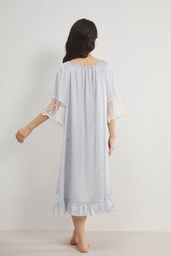 Váy ngủ sơmi lụa nữ Shury Store Home Wear SM38 freesize 45-75kg đầm ngủ dáng dài tay ren ngọt ngào