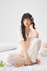 Đồ bộ ngủ nữ pyjama lụa Shury Store Home Wear TN32 tay ngắn quần dài in hoa size 45-75kg mềm mịn mát