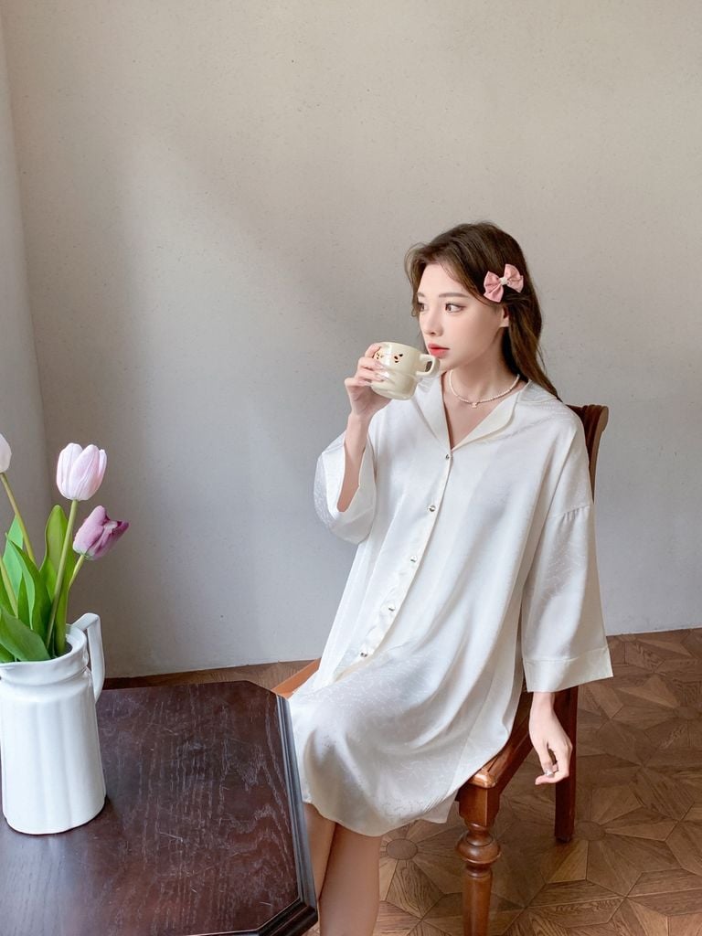 Váy ngủ sơmi lụa nữ Shury Store Home Wear SM56 freesize đầm ngủ lụa mặc nhà suông rộng mềm mại