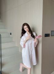 Váy ngủ lụa Shury Store Home Wear SM36 đầm sơ mi freesize in chìm hình Kitty dài 90cm màu xanh hồng