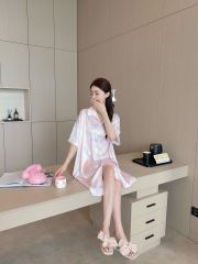 Váy lụa sơ mi Shury Store Home Wear SM21 đầm ngủ freesize phối ren lưng dáng suông 90cm tone tím