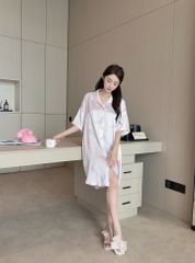 Váy lụa sơ mi Shury Store Home Wear SM21 đầm ngủ freesize phối ren lưng dáng suông 90cm tone tím