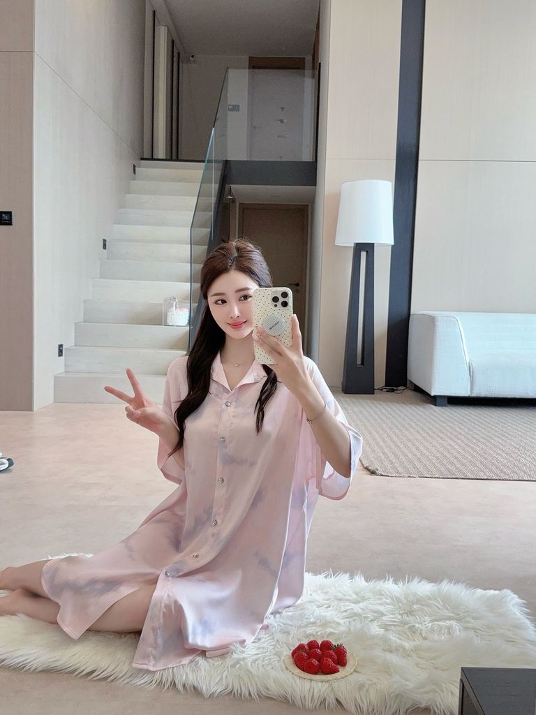 Váy lụa sơ mi Shury Store Home Wear SM21 đầm ngủ freesize phối ren lưng dáng suông 90cm tone tím