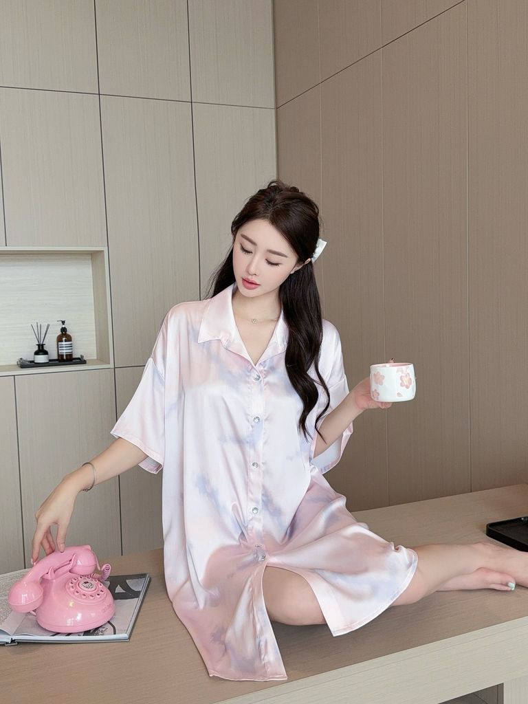 Váy lụa sơ mi Shury Store Home Wear SM21 đầm ngủ freesize phối ren lưng dáng suông 90cm tone tím